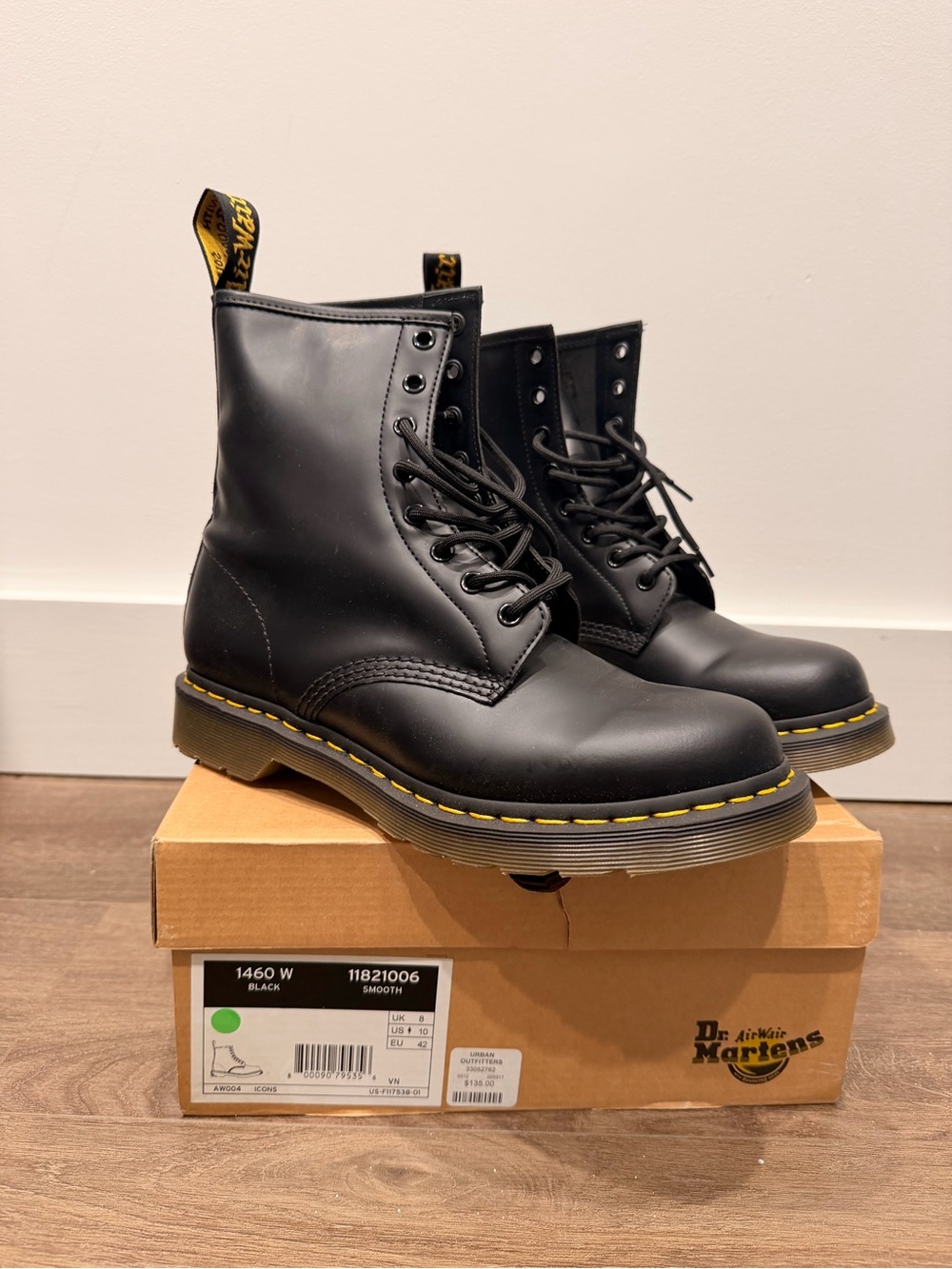 Dr. Martens Black Leather Lace-Up Combat Boots with Yellow Stitching